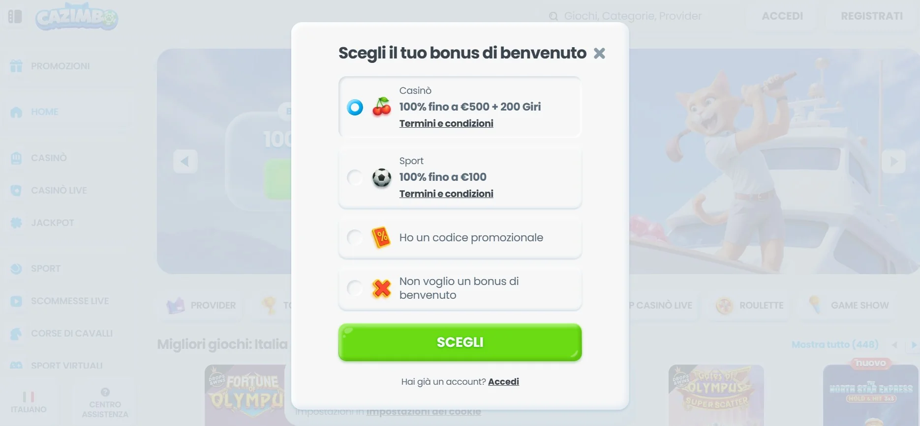 Bonus di benvenuto di Cazimbo Casino con 100% fino a 500 € e 200 giri gratuiti in Italia