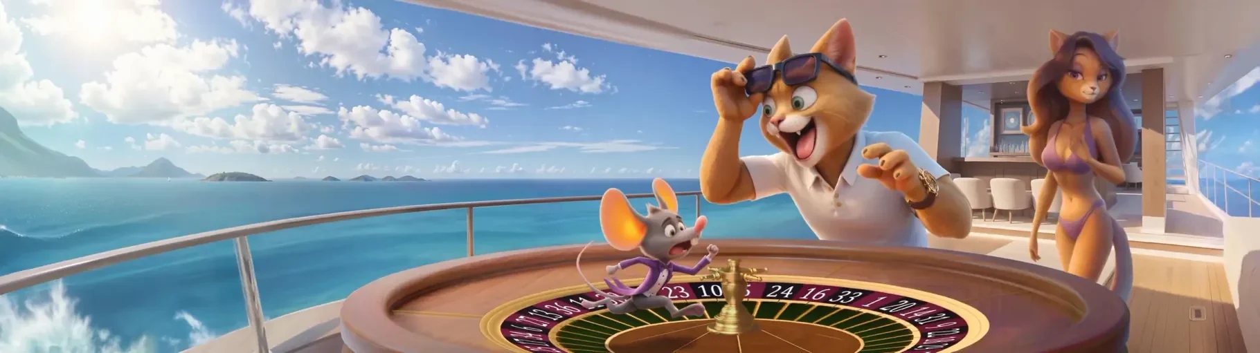 Banner di Cazimbo Casino con gatto e topo alla roulette su uno yacht al mare, bonus di benvenuto del 100% fino a 500 euro e 200 giri gratuiti per l'Italia